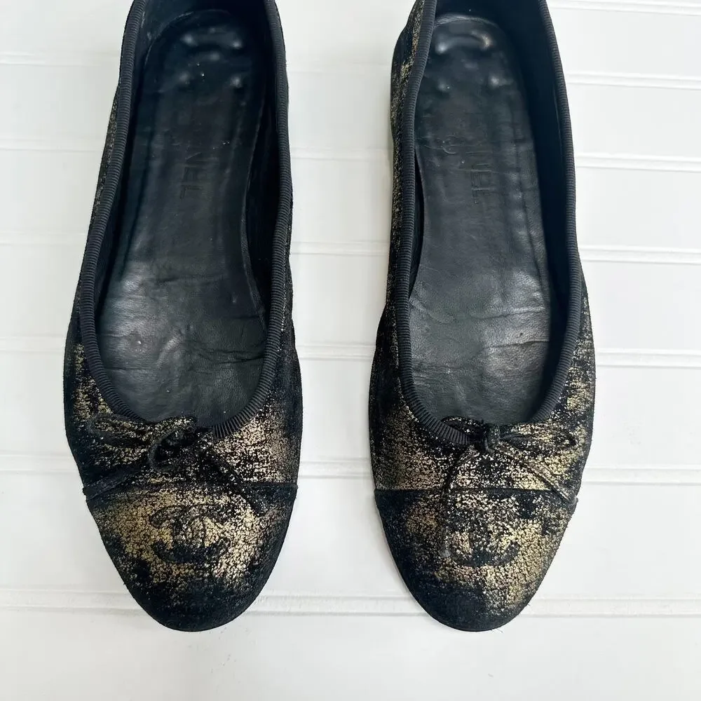 Chanel Ballet Flats Cap Toe CC Black Gold Metallic Suede Leather Ballerina Shoes - Picture 2 of 8